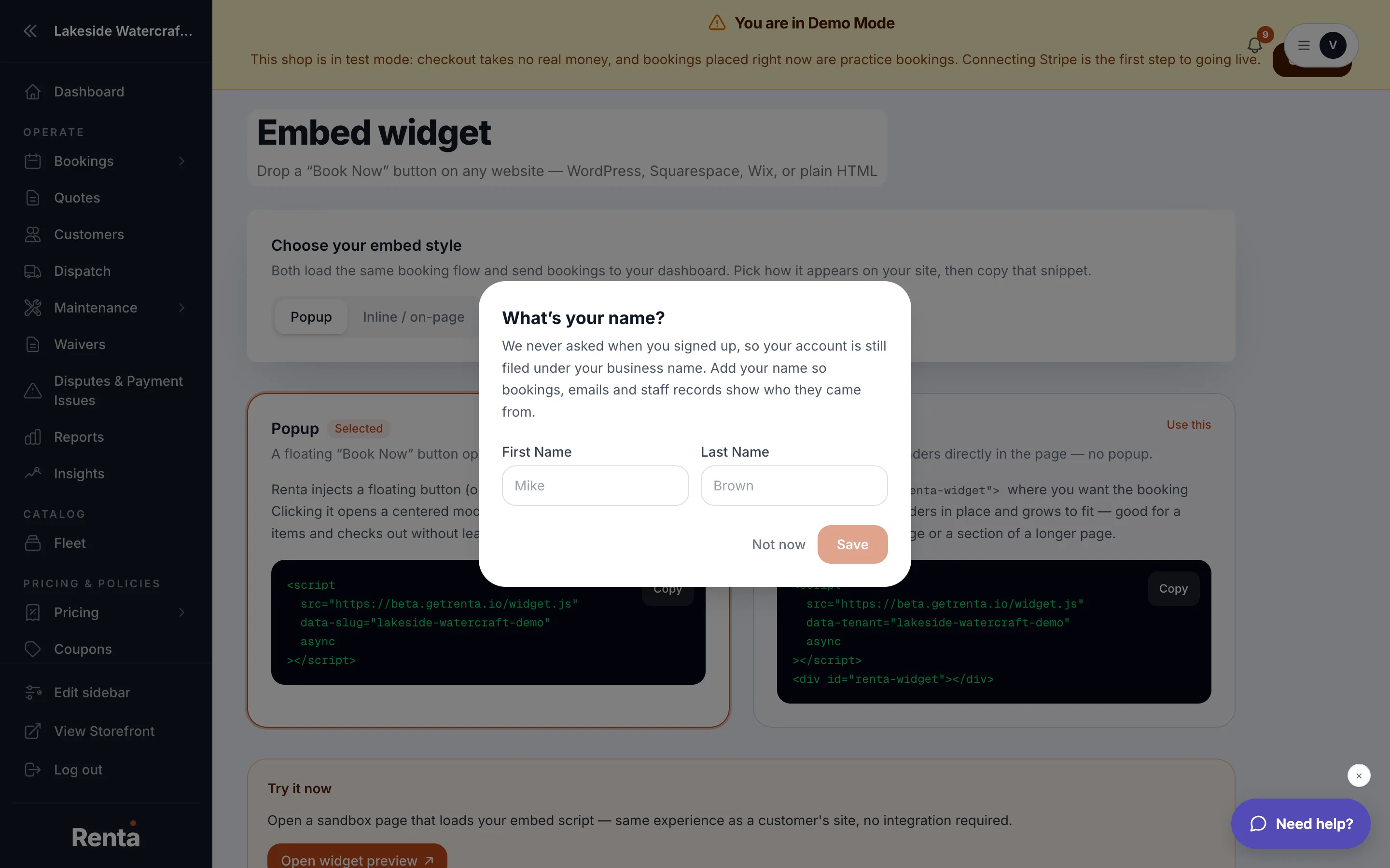 The Widget settings page showing the Popup and Inline embed style options