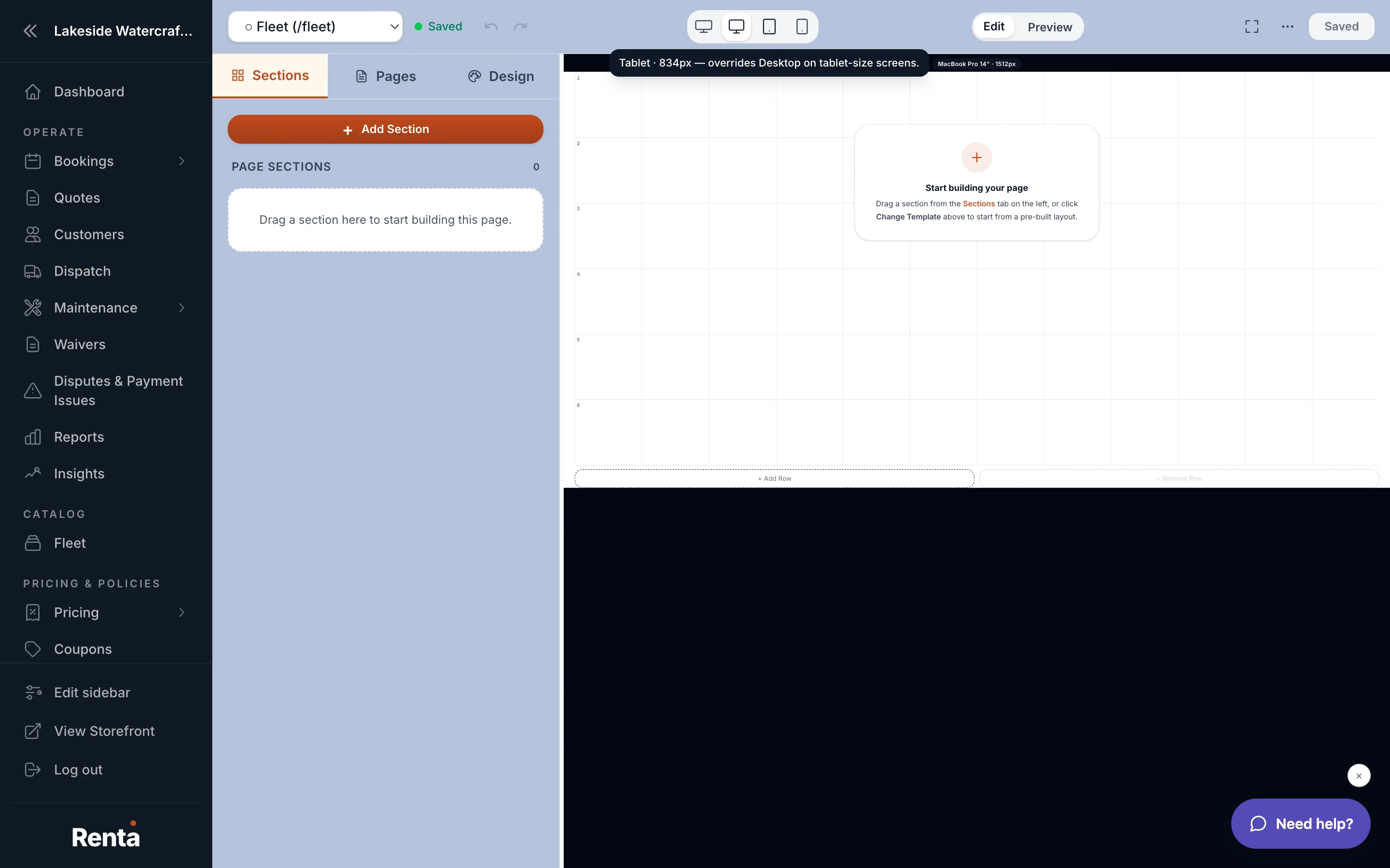 The device toggle in the Site Builder top bar switching between desktop, tablet and mobile