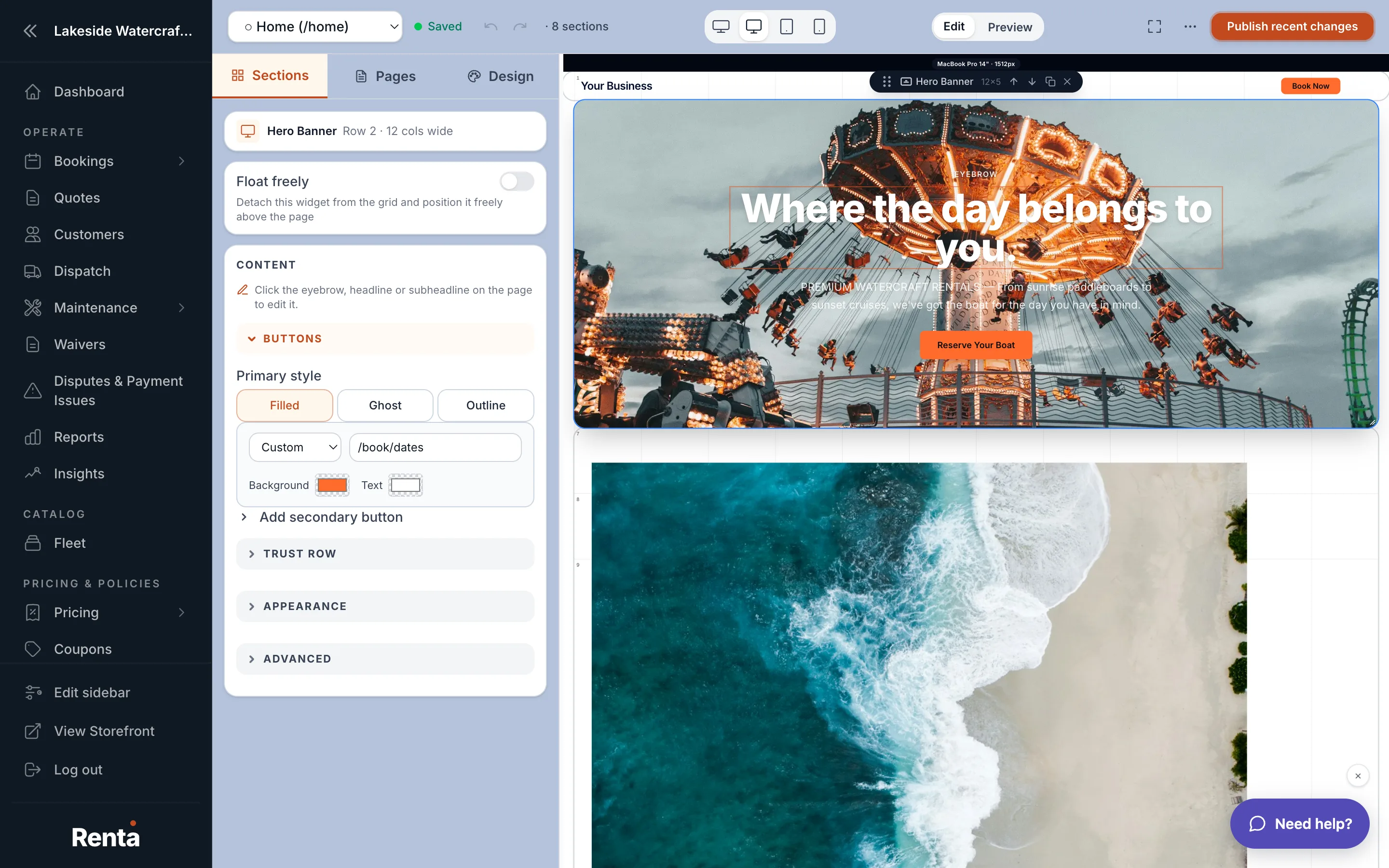 The Hero widget's settings panel with headline, background, and button fields