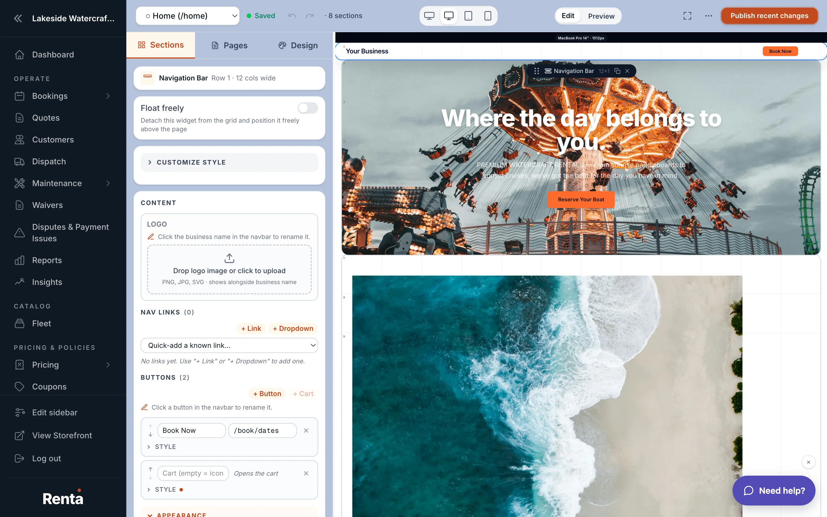The Navbar widget's settings panel with logo, links, and buttons